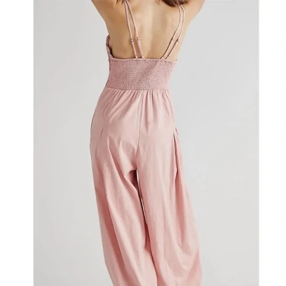 Free People Kingston Pink Cut Out Sleeveless Cozy Barrel Leg Jumpsuit - Picture 2 of 6